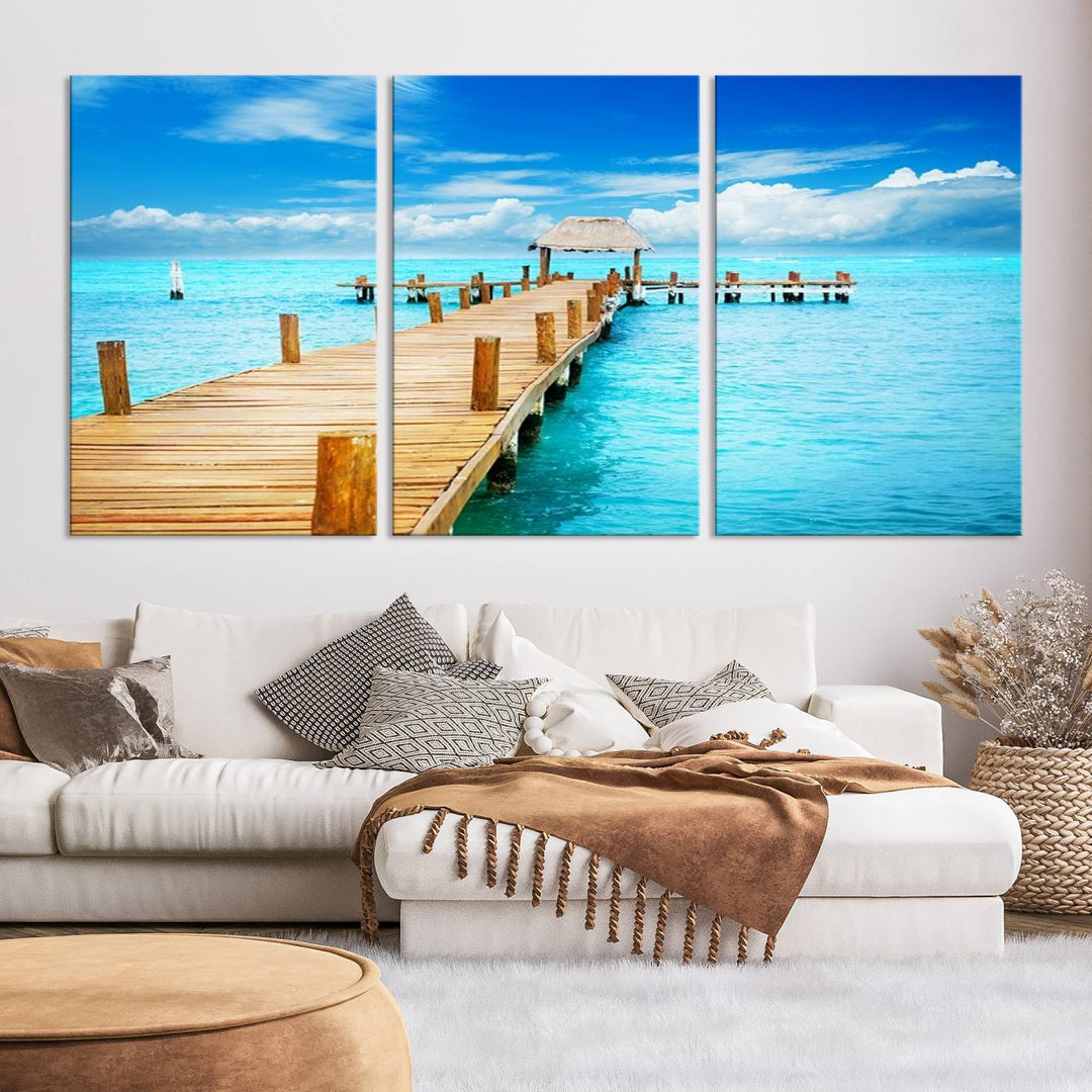 Tropical Pier Triptych Wall Art, Stunning Turquoise Ocean and Wooden Dock Canvas Print, Coastal Beach House Decor, Ocean View Canvas Art