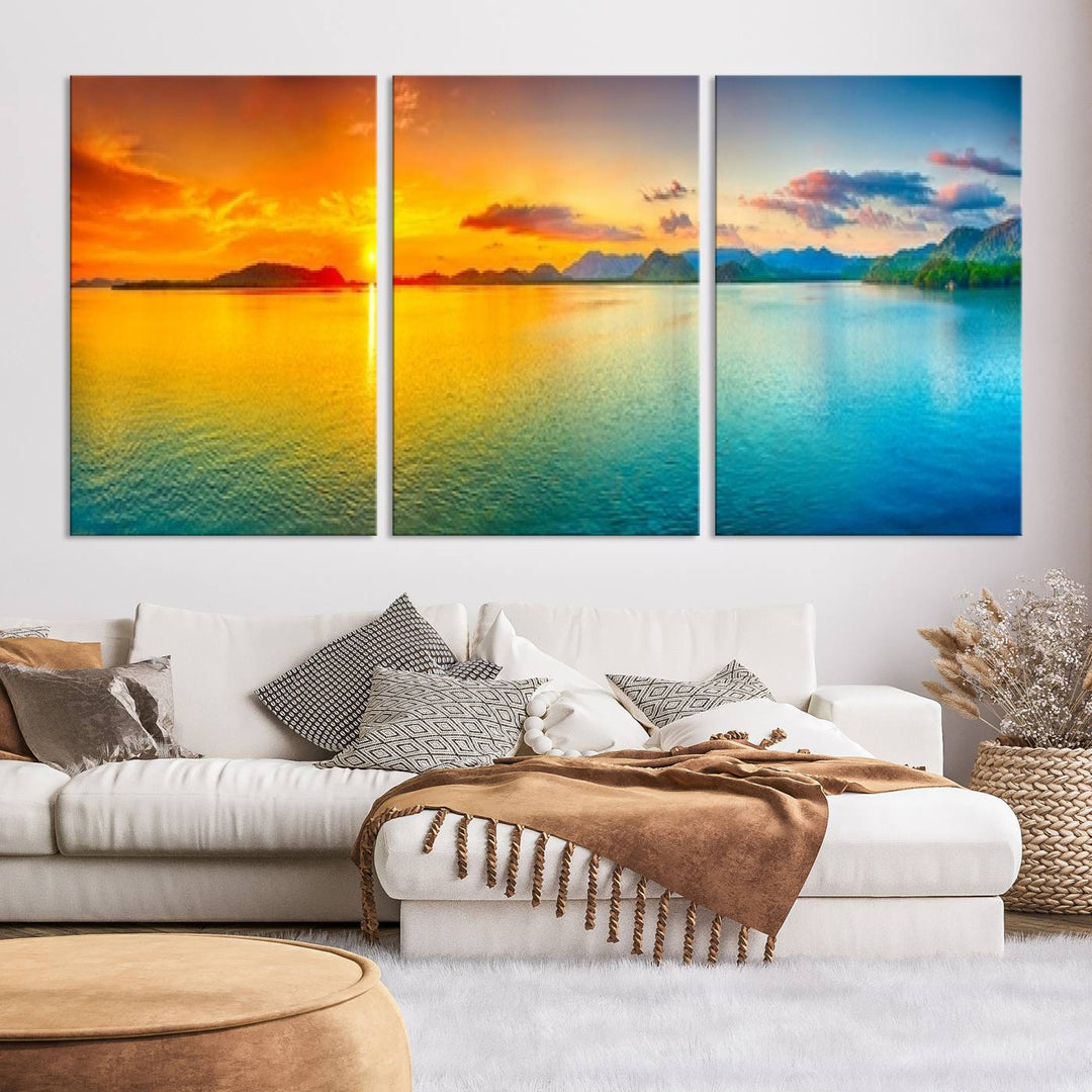 Wall Art Canvas Print Colorful Sunset Sea and Mountain Artwork