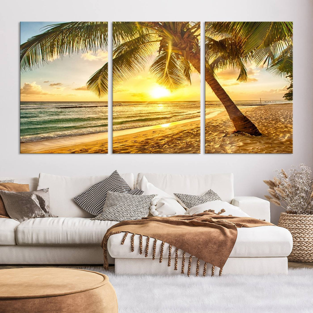 Impresión en lienzo de arte de pared grande Palmera en la playa al atardecer brillante