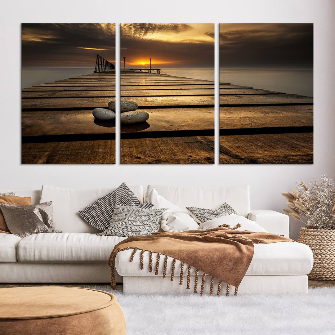 Stones on Wooden Pier at Sunset Wall Art Canvas