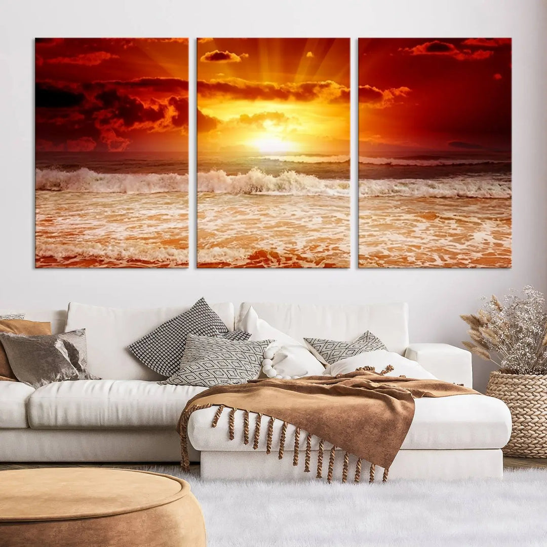 In a modern living room, the vibrant "Wall Art Canvas Perfect Sunset Turns Colour of Sea and Sky to Red," printed on museum-quality canvas, stands out. A floor lamp casts warm light over the ready-to-hang artwork, which includes a UV-protective coating to ensure lasting brilliance.