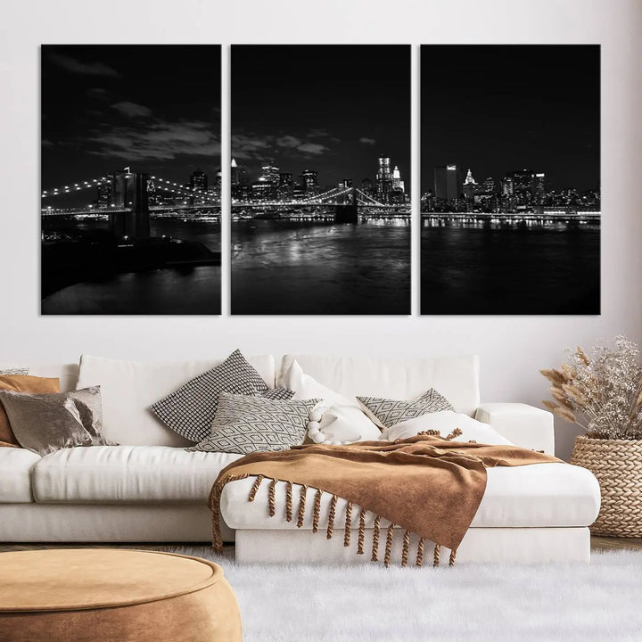 The "NEW YORK Canvas Prints Black and White Brooklyn Bridge Print" is a stunning triptych showcasing the iconic city skyline and bridge. Printed on museum-quality canvas with a UV-protective coating, it is ready to hang and instantly elevates your decor.