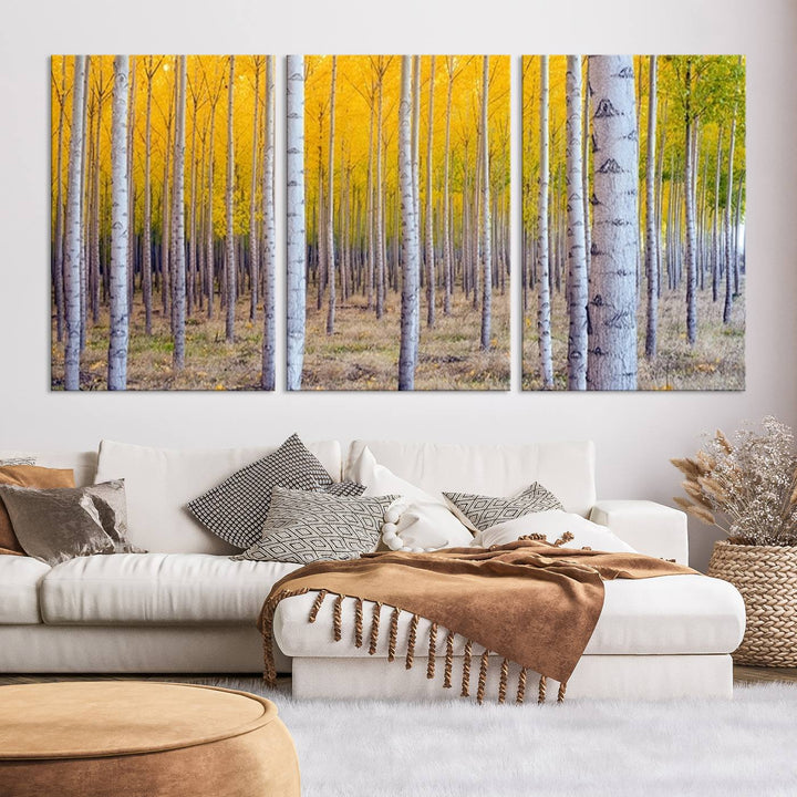 Impresión artística de pared con bosque de abedules en otoño