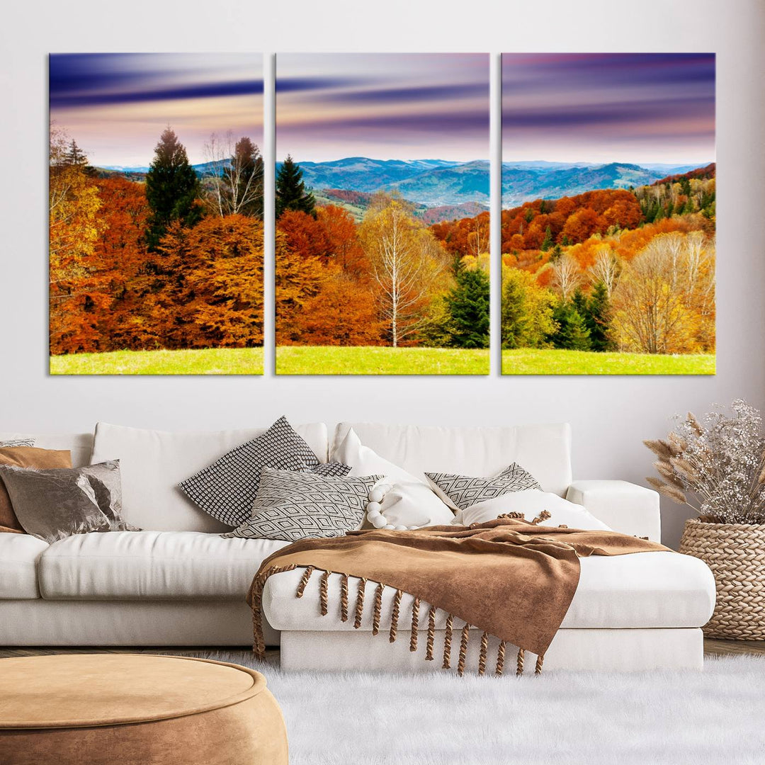 Autumn Colorful Forest Blue Mountains and Purple Sky at Sunset Wall Art Canvas Print