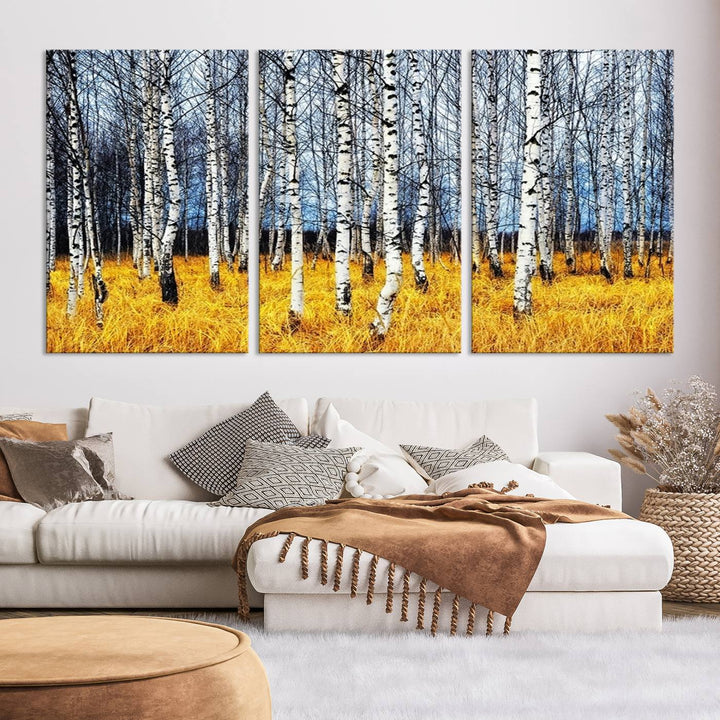 Impression d’art mural de bouleaux, art mural paysage, impression sur toile, arbres sans feuilles sur fond jaune