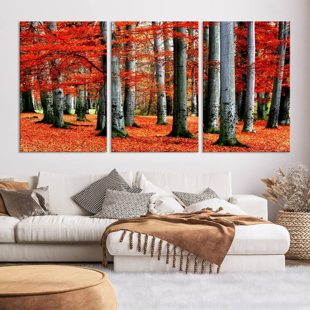 Impression sur toile de paysage d'art mural, feuilles rouges sur des arbres sur fond rouge