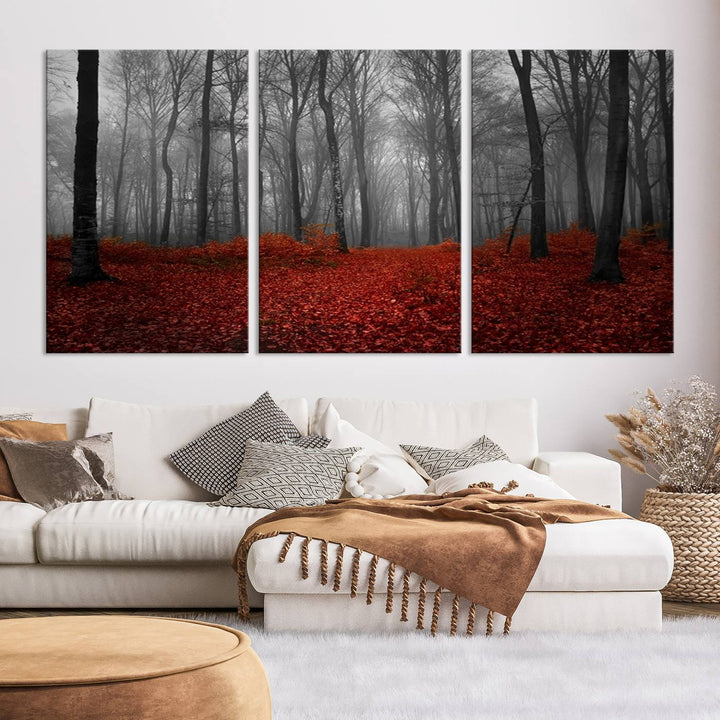 Impression sur toile de paysage d'art mural, forêt merveilleuse avec des feuilles rouges au sol