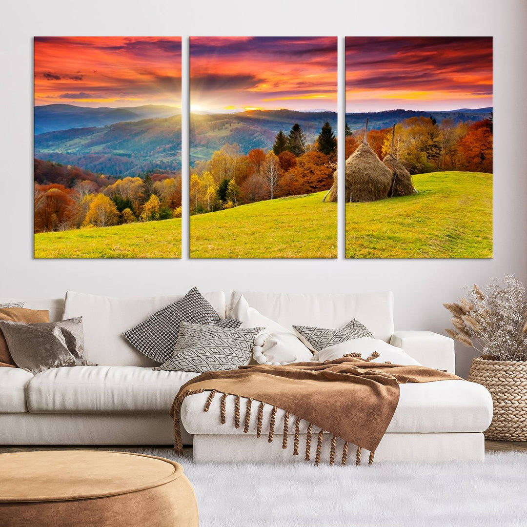 Impression sur toile de paysage d'art mural, tous les tons de vert au coucher du soleil