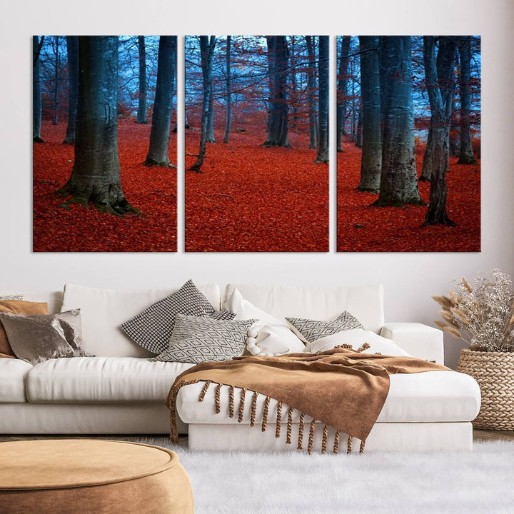 Impression sur toile de paysage d'art mural, feuilles rouges dans la forêt bleue