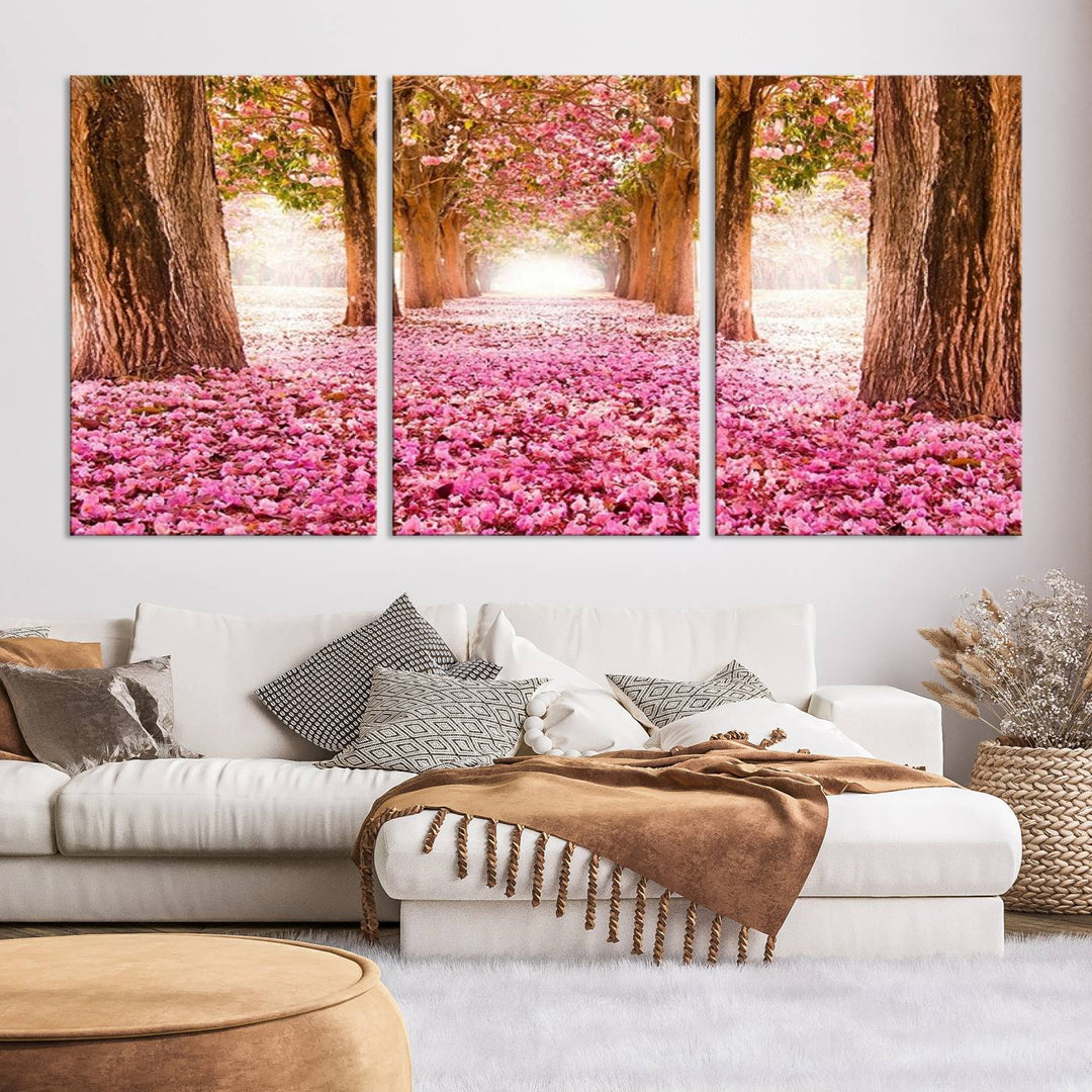 Blossom Cherry Canvas Print Walking on Pink Flowers Between Trees