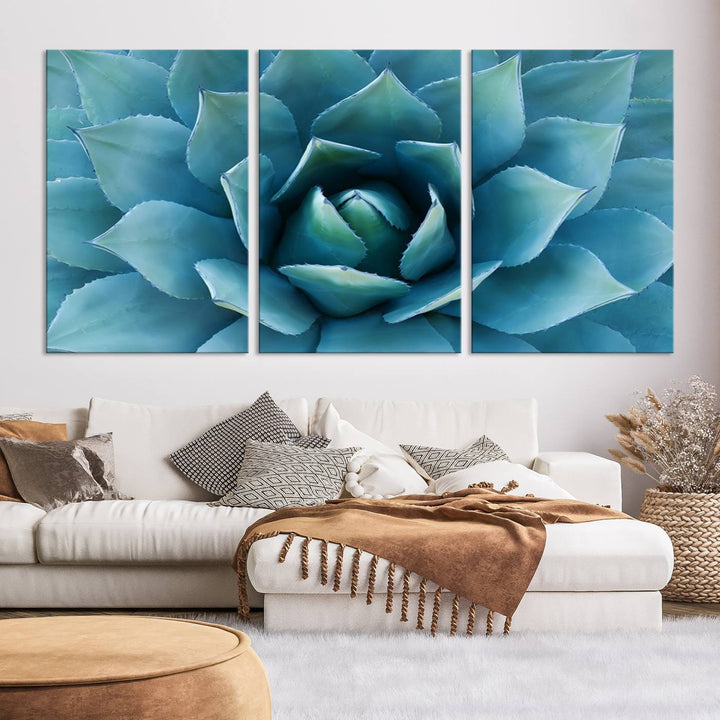 A stunning Large Agave Succulent Canvas Wall Art, a botanical close-up print perfect for modern living rooms, hangs prominently.