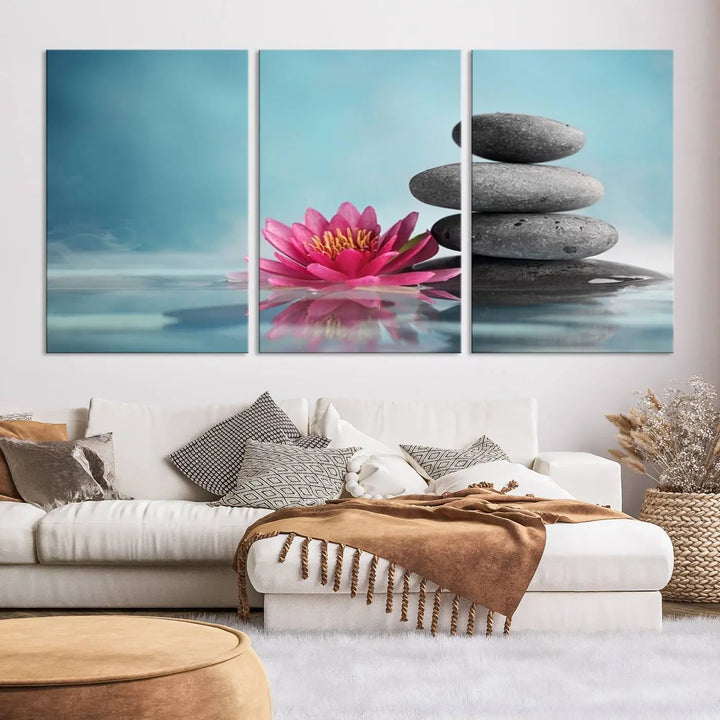 The Zen Serenity Triptych Canvas Art, featuring a lotus flower and balancing stones, perfectly captures tranquility with its serene water lily print.