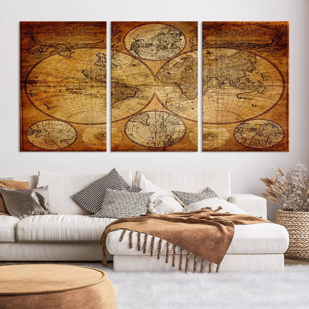 Antique World Map Wall Art, Vintage Historical Globe Canvas Print, Multi-Panel Rustic Map Art for Living Room or Office, Ready to Hang Decor