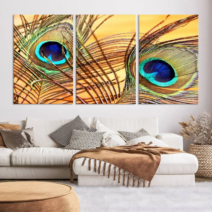 The Peacock Feather Wall Art Print, showcasing a vibrant green, blue, and orange feather design and ready to hang, adorns the space.