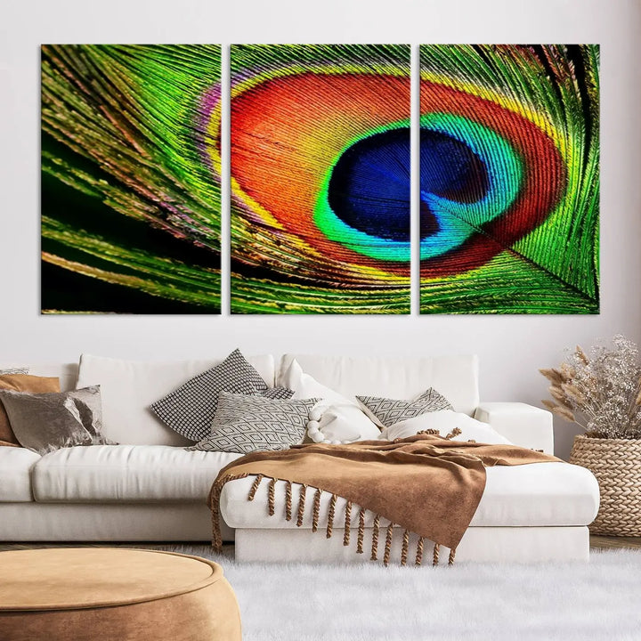 The living room features the "Colorful Peacock Feather Wall Art Print," showcasing a vibrant green, blue, and orange design elegantly displayed above a modern sofa.