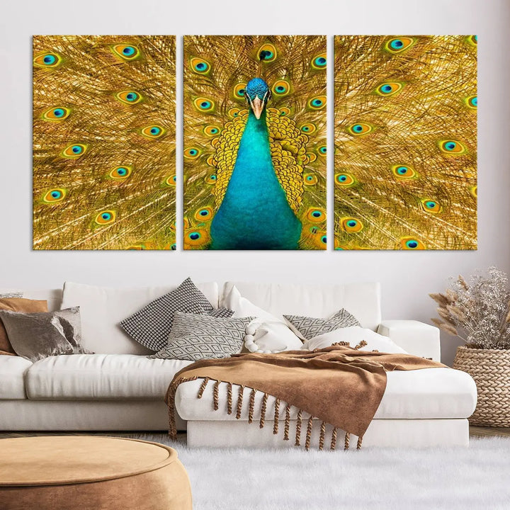 The Peacock Wall Art Canvas Print, featuring a vibrant triptych design of a peacock with intricate feather details and printed on museum-quality canvas with UV-protective coating, brings an artistic flair to the elegant space. Ready to hang, it enhances the modern living room with its striking presence.