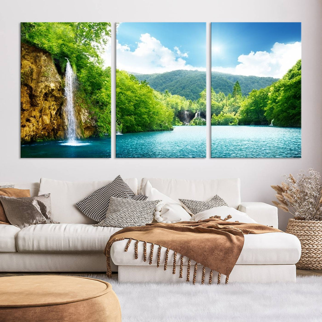 Impresión en lienzo de cascada de arte de pared grande - Grandes cascadas en el bosque con vistas a la montaña