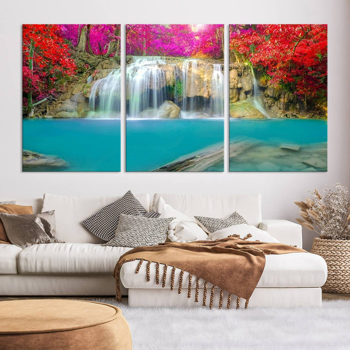 Wall Art Waterfall Landscape with Pink and Red Flowers in Forest Canvas Print