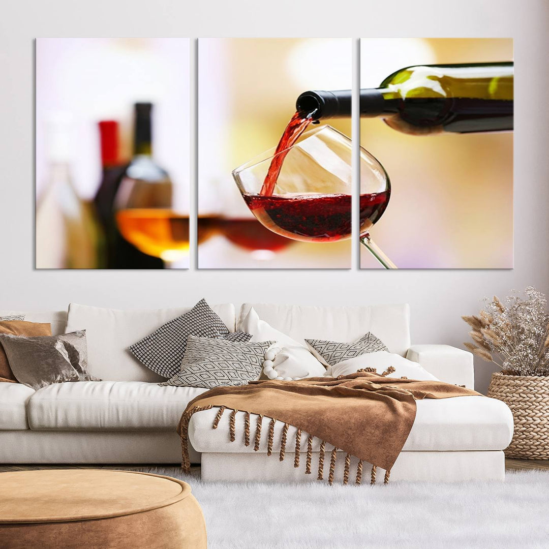 The Filling Red Wine into Glass Red Wine Canvas Print showcases a wine bottle pouring red wine into a glass. This scene, captured on museum-quality canvas, promises timeless elegance and comes with free shipping for effortless delivery to your doorstep.