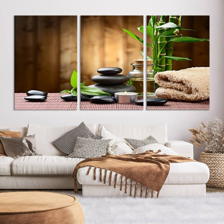 Zen Serenity Triptych Canvas Art, Pink Lotus Flower and Balancing Stones Wall Art, Tranquil Water Lily Canvas Print