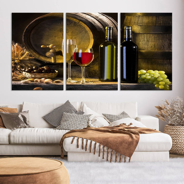 Explore the "Wall Art Red and White Wine with Bottles and Tun Canvas Print," a triptych on gallery-wrapped, museum-quality canvas. Featuring a wine barrel, bottles, and a glass of red wine, it includes a UV-protective coating for lasting vibrancy.