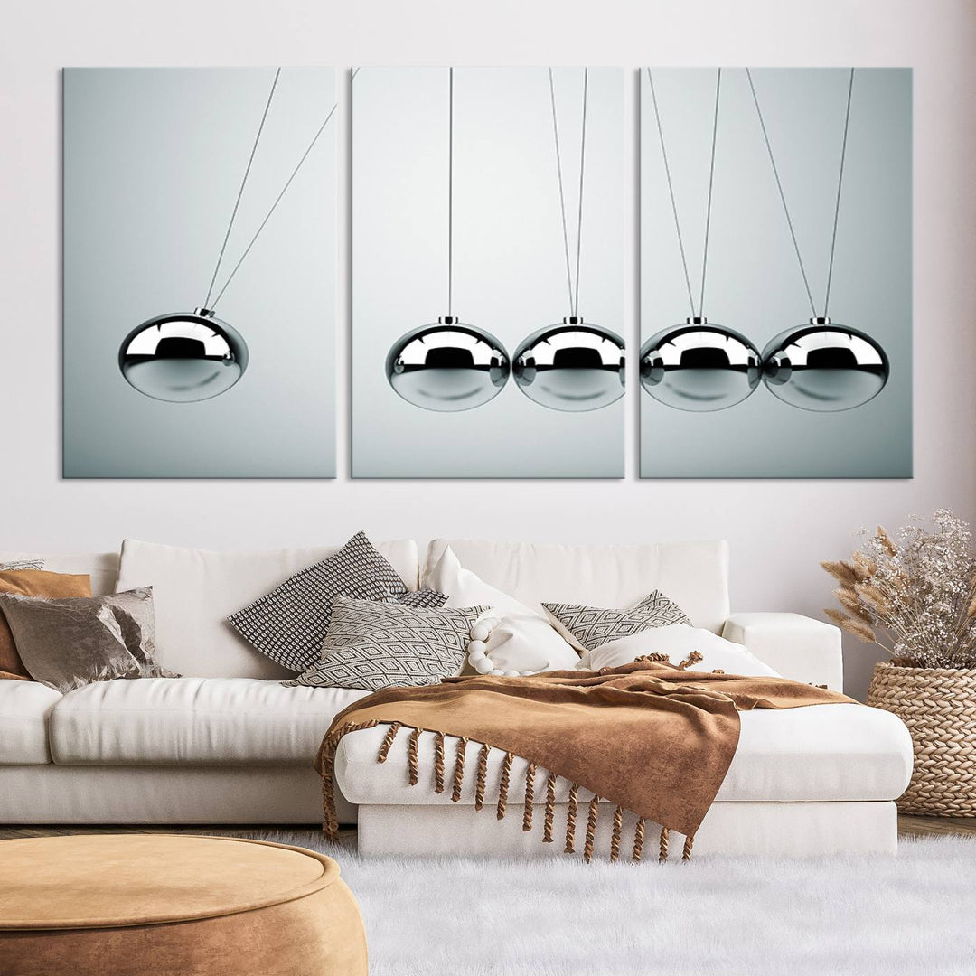 Newton's Cradle Motion Art, Modern Minimalist Metal Sphere Wall Art, Physics-Inspired Kinetic Energy Canvas Print for Office and Home Decor