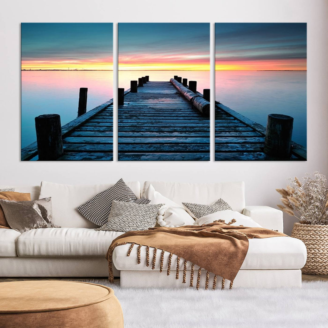 Wall Art Vintage Wooden Pier on Sea at Sunset Canvas Print