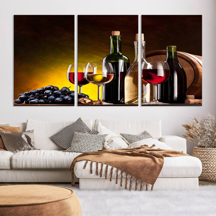 The "Red and White Wine Canvas Print" is a multi-panel design displaying bottles and glasses, adding a professional craftsman's touch to the living room.