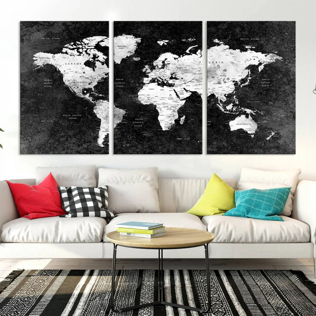 Modern Grayscale World Map 3-Panel Canvas Art | Ready to Hang, Framed | Stylish Minimalist Wall Décor for Home, Office, Living Room, or Study Spaces 