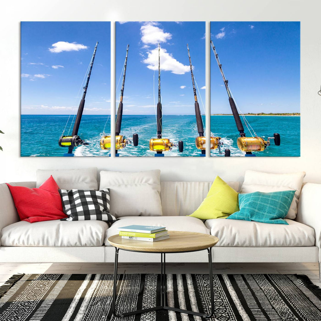 Fishing Roads on Boat Canvas Wall Art Print Ocean Seascape Art Print