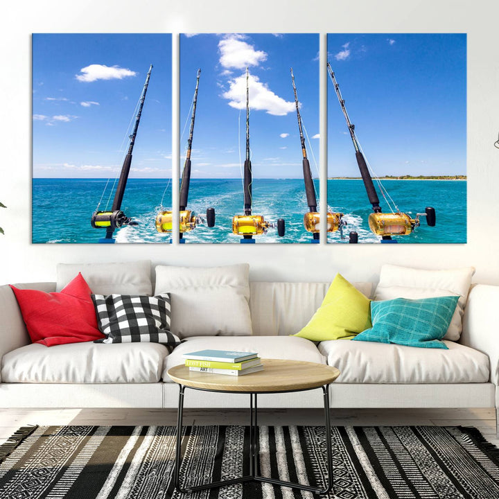 Fishing Roads on Boat Canvas Wall Art Print Ocean Seascape Art Print