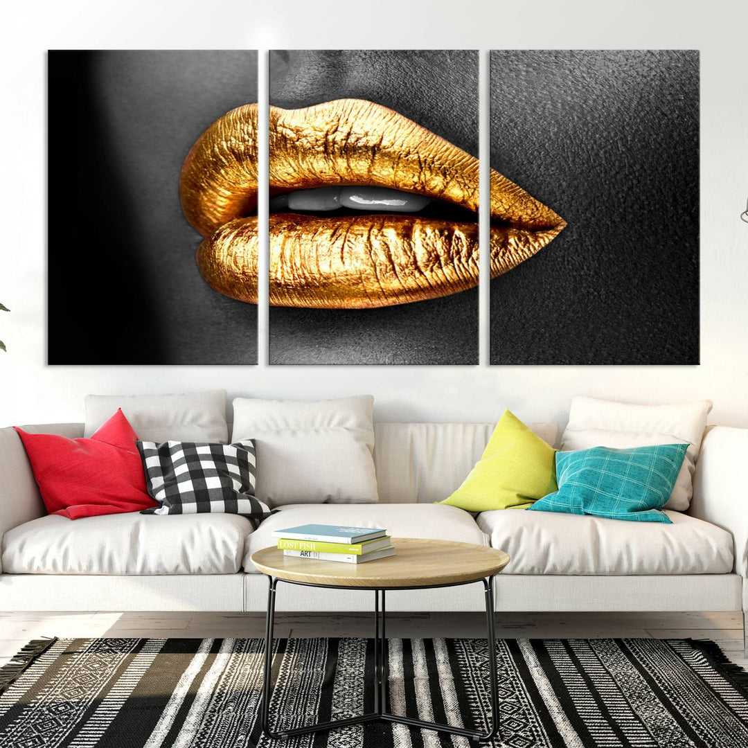 Gold Lips Canvas Wall Art Print Makeup Wall Art Fashion Beauty Canvas Print