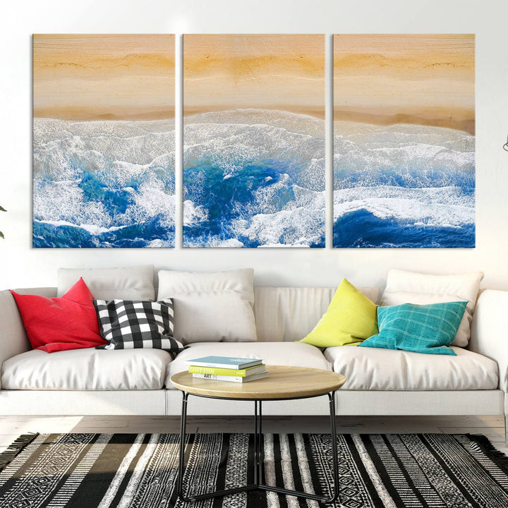 Maravilloso lienzo de playa aérea, impresión artística de pared, paisaje de playa, arte oceánico, pintura abstracta grande, lienzo original enmarcado listo para colgar obras de arte para sala de estar, cocina, dormitorio, decoración del hogar