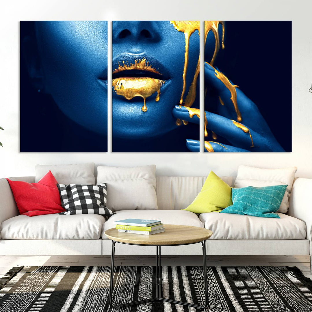 Neón Azul Oro Labios Sensual Fotografía Lienzo Pared Arte Impresión Moda Arte Belleza