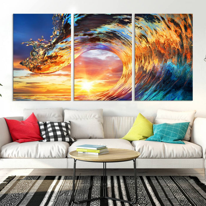 Lienzo decorativo para pared, diseño de olas, rizos, puesta de sol y océano