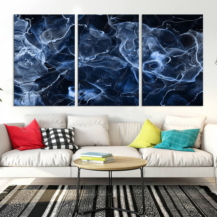 Arte de pared grande con efecto ahumado de mármol azul, lienzo abstracto moderno, impresión artística de pared