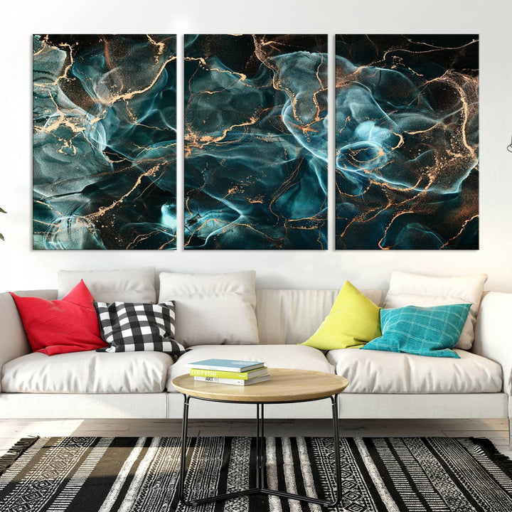 Neon Blue Marble Smokey Effect Wall Art Abstract Canvas Wall Art Print