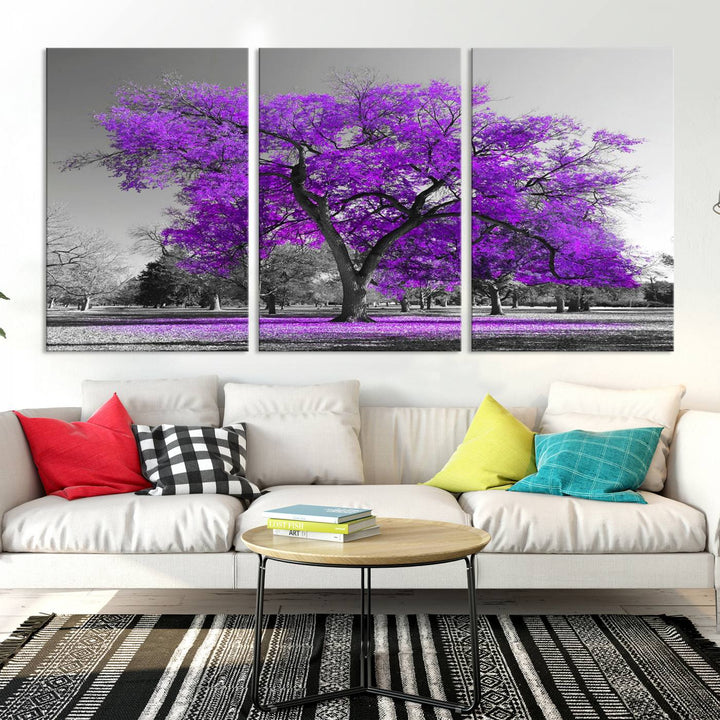 Gran árbol púrpura lienzo pared arte impresión negro blanco púrpura arte pintura lienzo grande