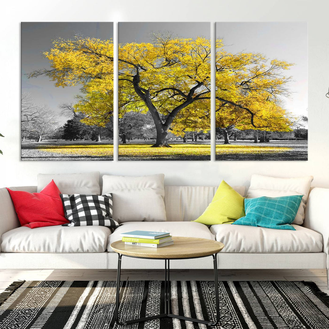 Toile murale avec grand arbre jaune, impression d'art, noir, blanc, jaune, peinture artistique