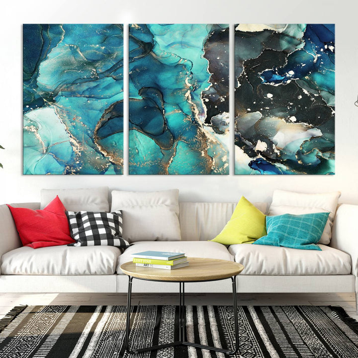 Stylish Teal Color Gold Abstract Canvas Wall Art Print