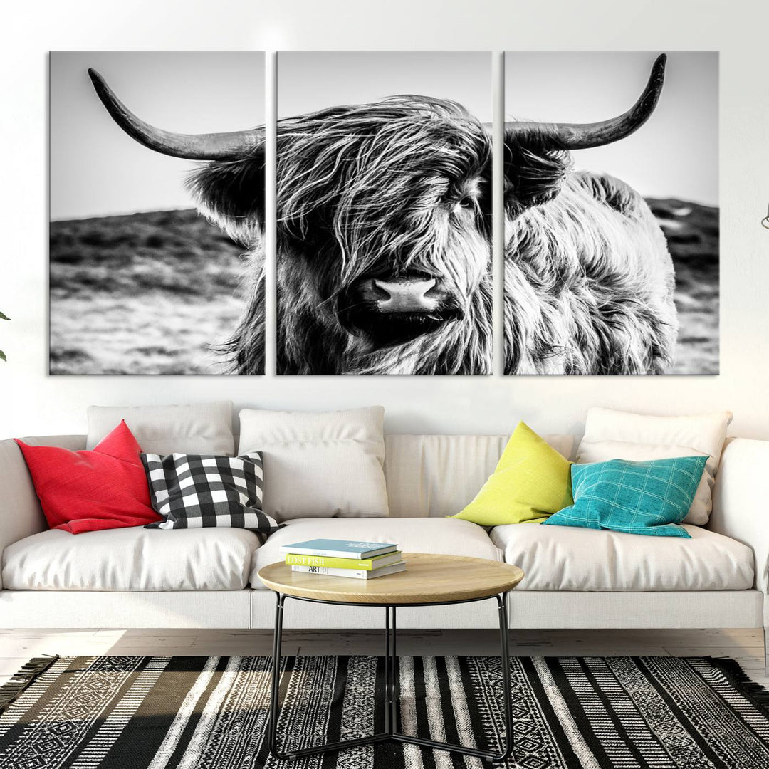 Scottish Cow Black and White Wall Canvas Art Print Farm House