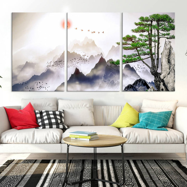 Japanese Tree Mountain Wall Art Canvas Print