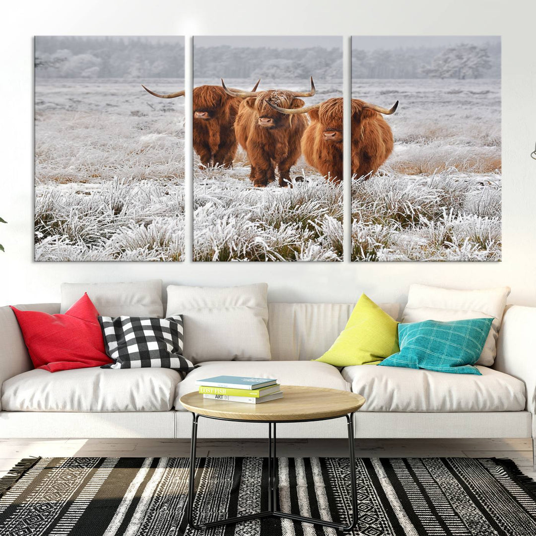 Vaches des Highlands dans la neige Art sur toile Highland Cattle Picture Art Farmhouse Art