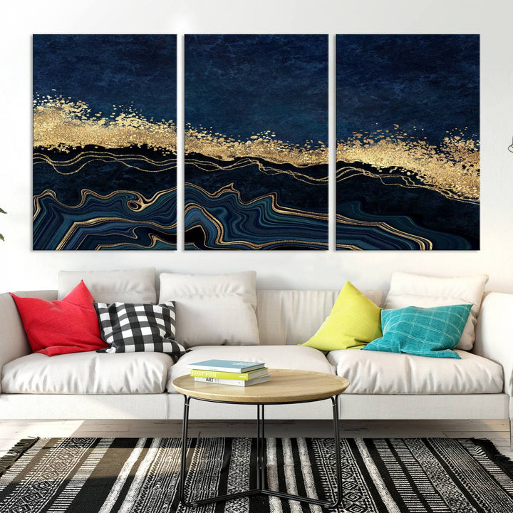 Navy Blue Marble Fluid Effect Large Wall Art Modern Abstract Canvas Wall Art Print