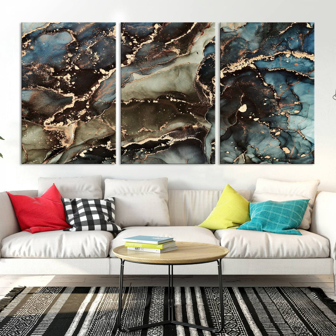 Black and Blue Marble Fluid Effect Wall Art Abstract Canvas Wall Art Print