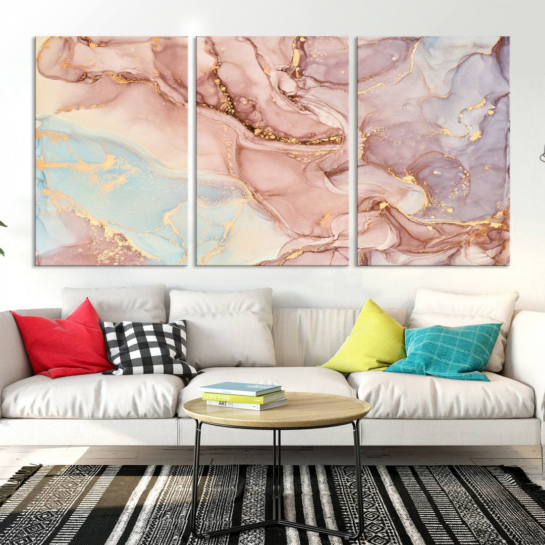 Arte de pared grande con efecto fluido de mármol dorado rosa, lienzo abstracto moderno, impresión artística de pared