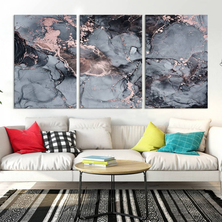 Gray and Rose Gold Marble Fluid Effect Wall Art Abstract Canvas Wall Art Print