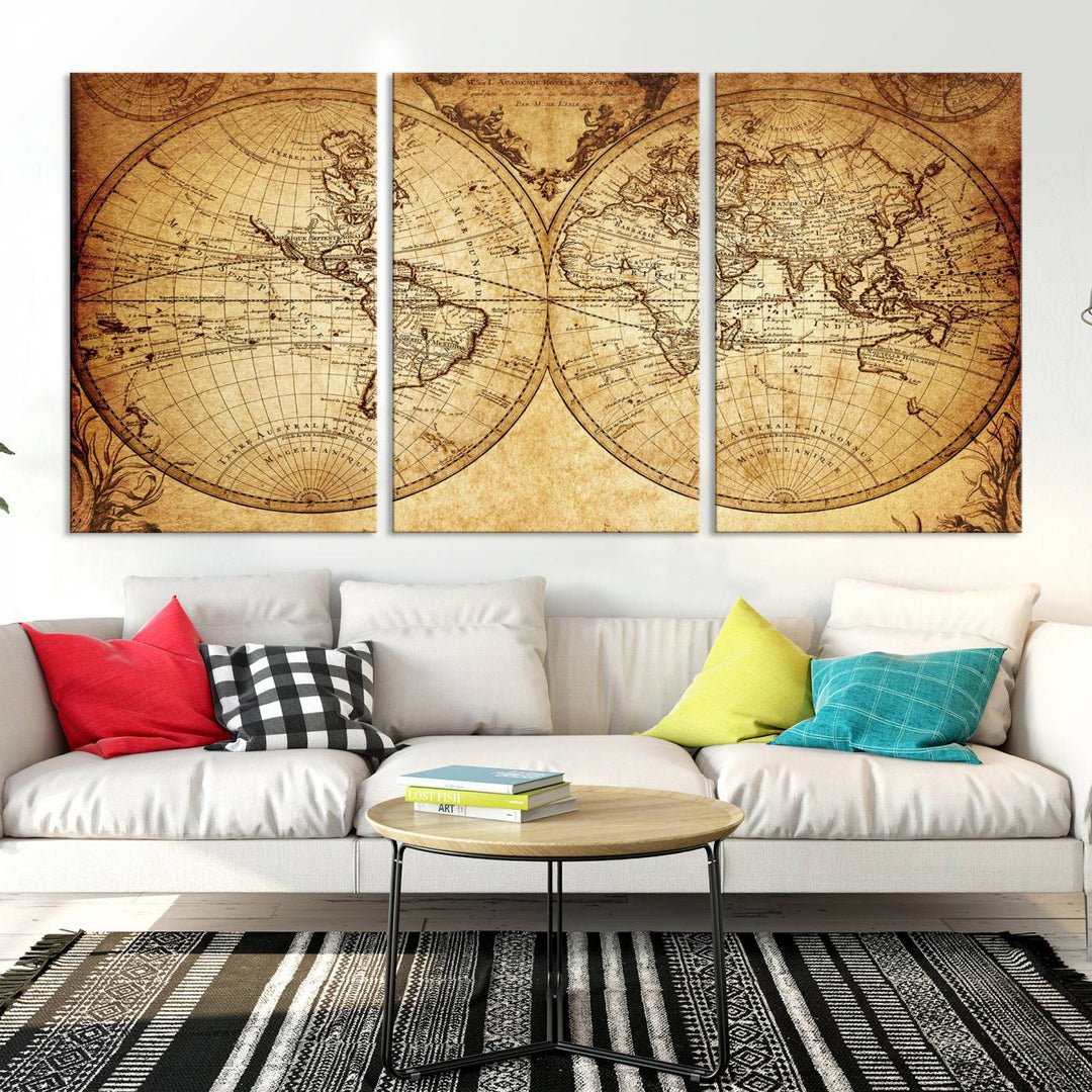 91276 - Industrial detallado Push Pin Travel Map World -3 Panel Set, Push Pin Map World, Mapa de lienzo, Arte de pared grande, Arte industrial, Arte de mapa mundial