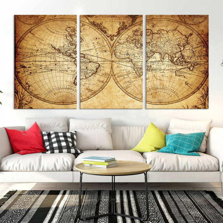 Vintage World Map Wall Art | 3-Panel Canvas Print for Living Room, Office, or Study | Giclee Canvas with Antique Design