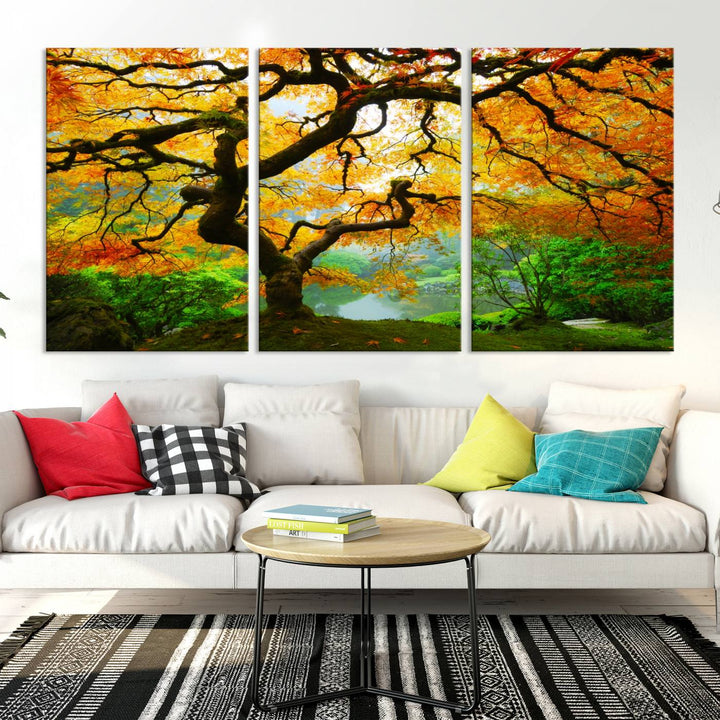 Portland Japanese Maple Tree Canvas Wall Art – Nature Landscape Print – Framed and Ready to Hang for Living Room or Office Decor